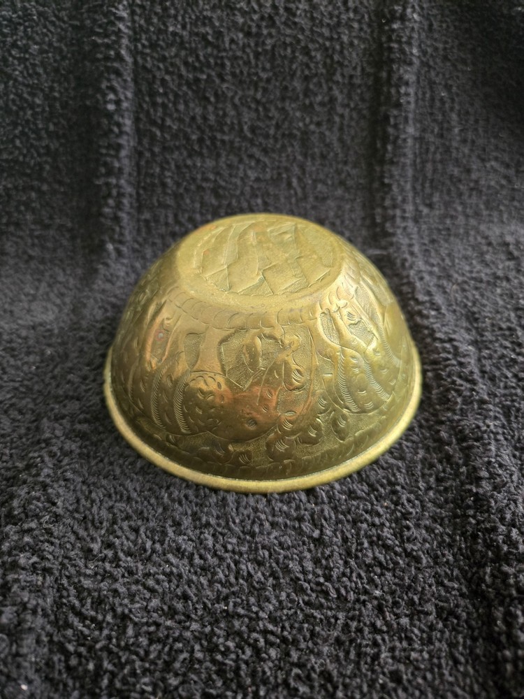 Vintage Middle Eastern Brass Bowls Pair, Engraved Arabic Script, 4.5" Alms