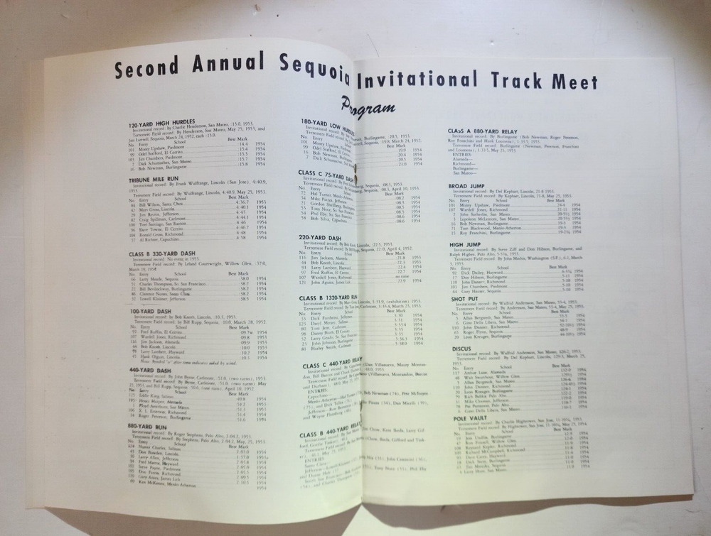 1954 SECOND ANNUAL SEQUOIA INVITATIONAL TRACK / FIELD PROGRAM - Redwood City Cal