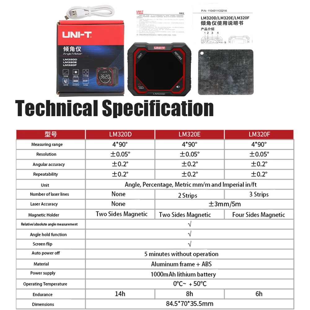 UNIT LM320F Laser Digital Protractor Inclinometer 3 Strips USB-C Charging Tool