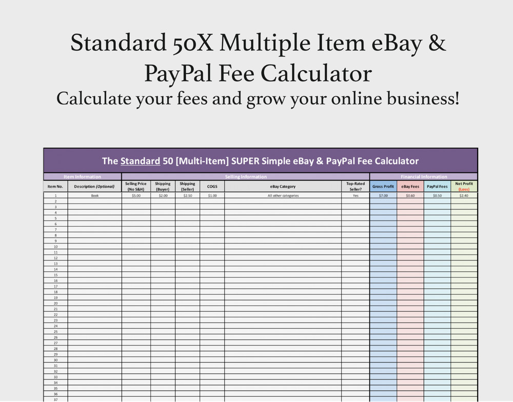 Standard 50X Multiple Item eBay & PayPal Fee Calculator Microsoft Excel + FREE