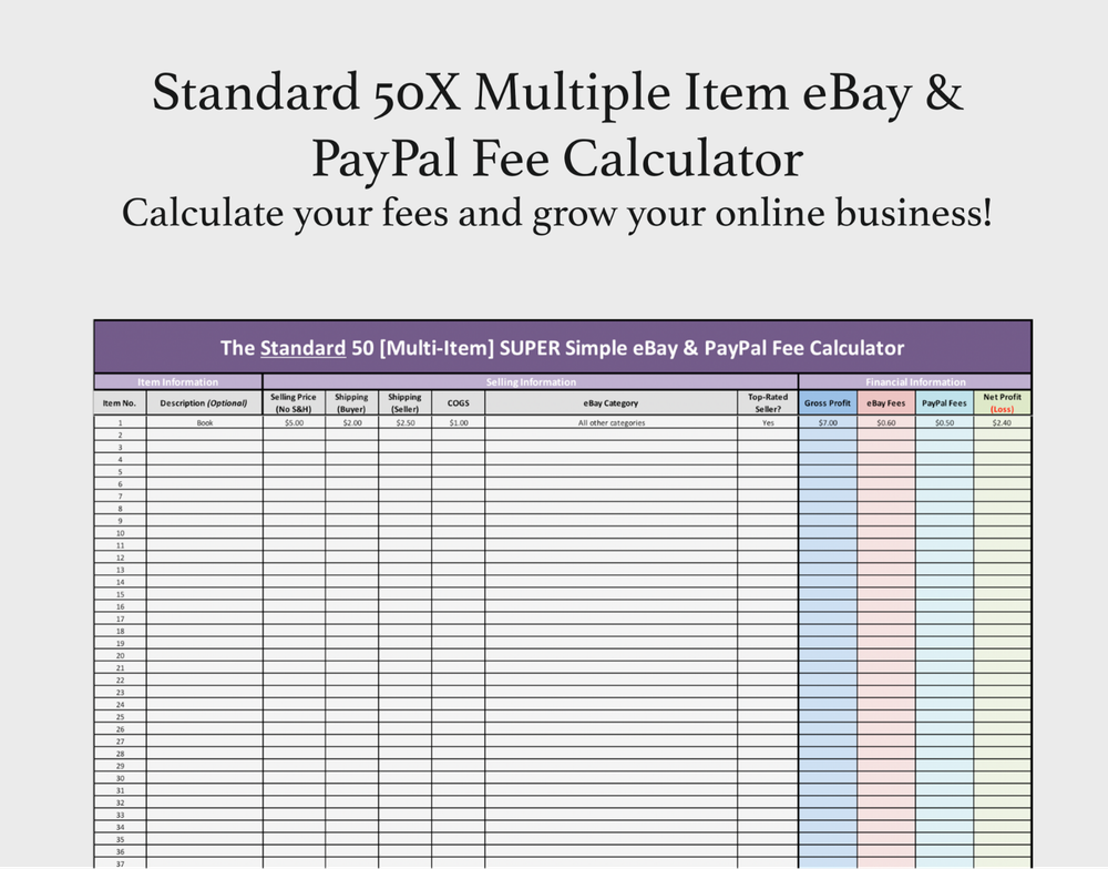 Standard 50X Multiple Item eBay & PayPal Fee Calculator Microsoft Excel + FREE