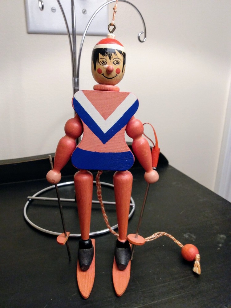 Vtg Made In Austria Wood Pull String Movable Skier Ornament