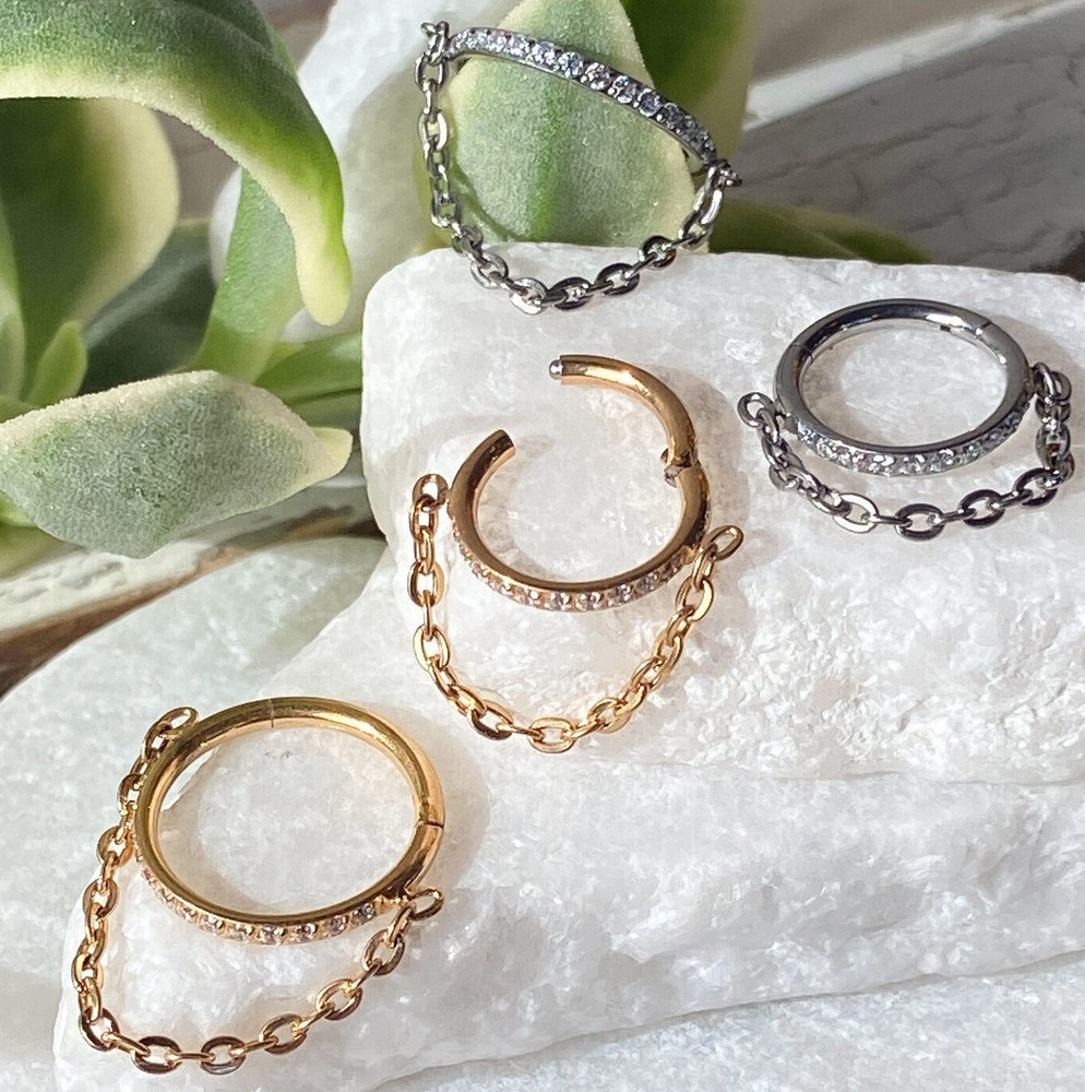 1pc Solid Titanium Chain Link CZ Gem Hinged Segment Ring Helix Cartilage Clicker