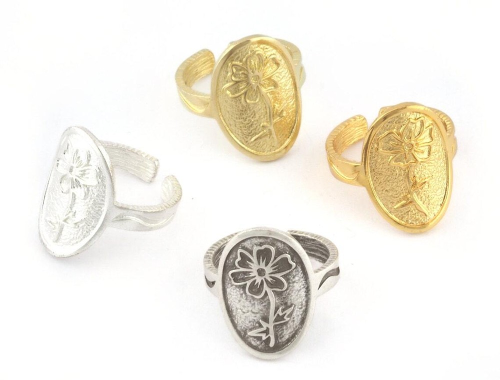 Birth Monthly Flower (August Poppy) Adjustable Ring Raw Solid Brass 8us 5320