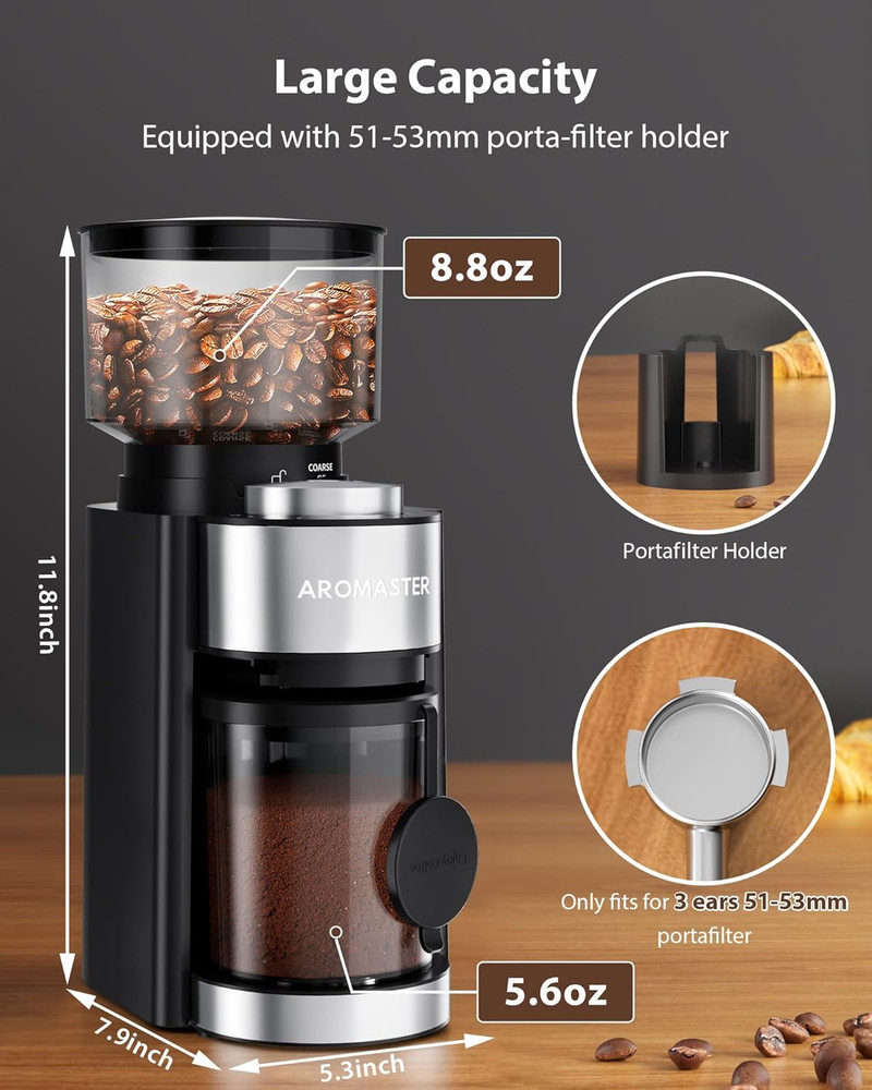 Conical Burr Coffee Grinder with 25 Settings and Timer, Black