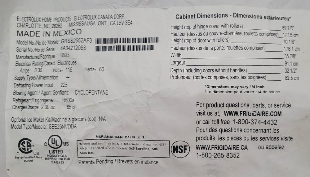FRIGIDAIRE MODEL GRSS2652AF3 REFRIGERATOR LIGHT SWITCH 241547902