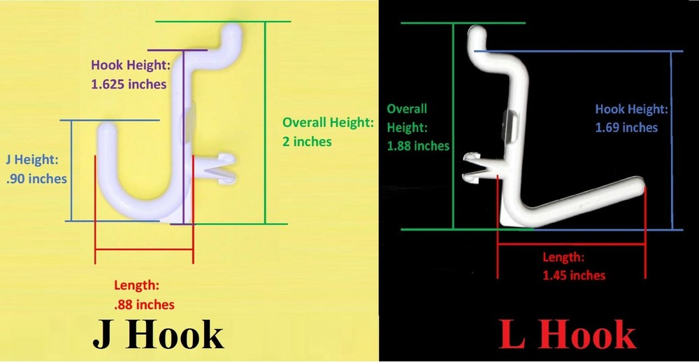 Plastic White Pegboard Wall Locking Hooks 50 J & 50 L Pack PEGBOARD NOT INCLUDED