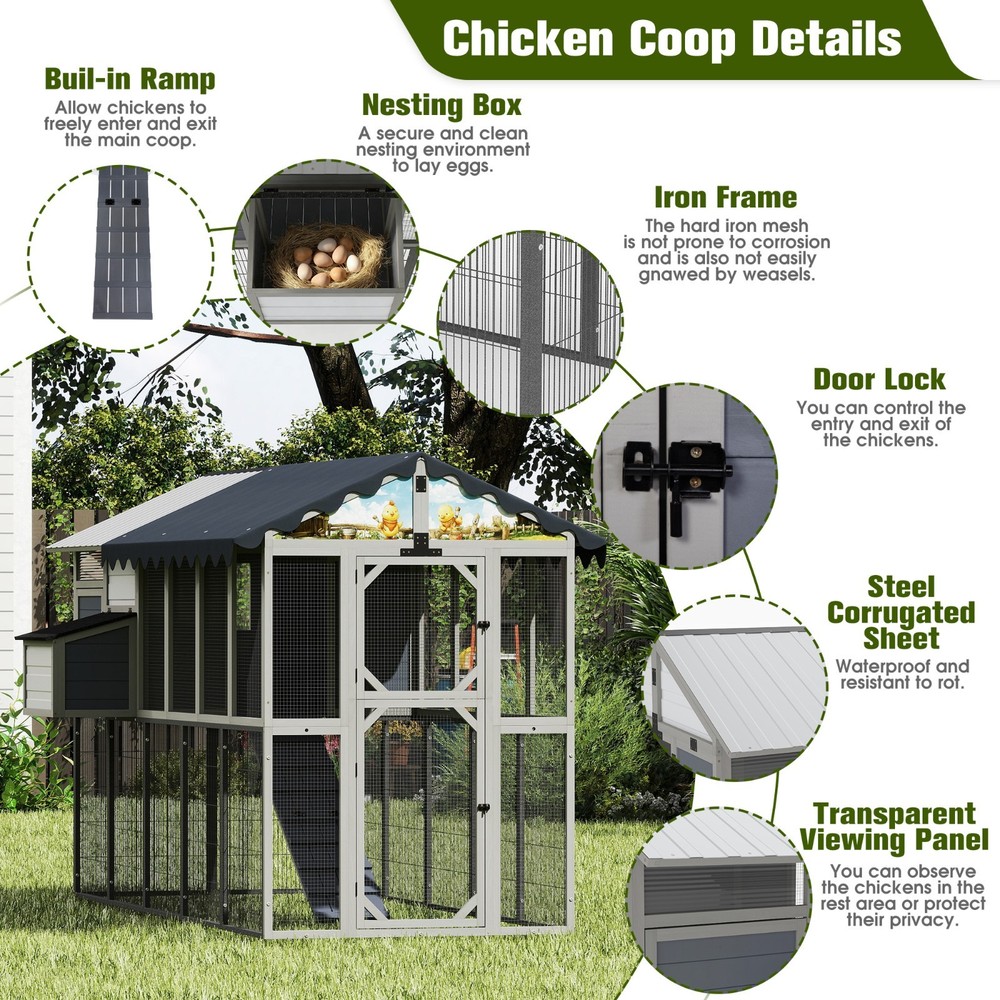 Extra Large Chicken Coop with Nesting Box, Perches and Waterproof Cover Gray