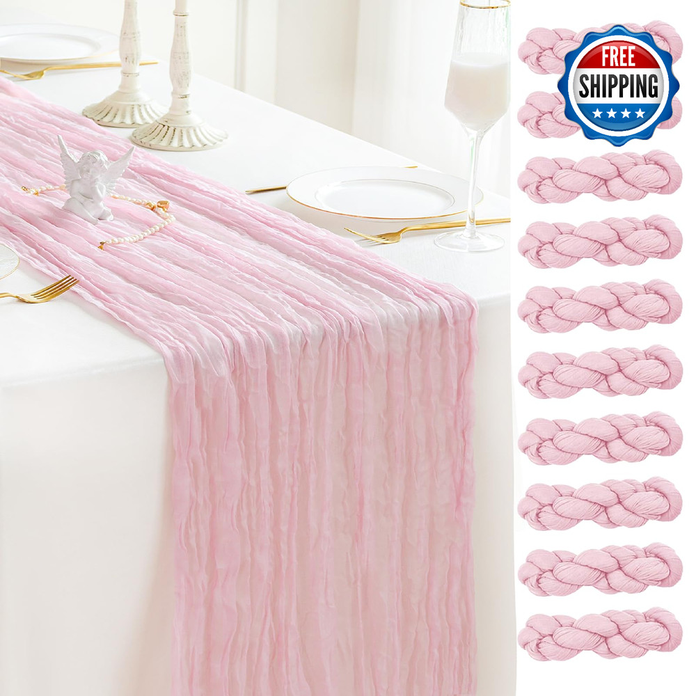 Sioloc 10-Pack Light Pink Cheesecloth Table Runner 120"x35" Spring/Easter Decor