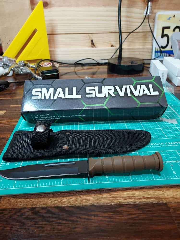 FIXED-BLADE SURVIVAL KNIFE | 7.5" Small Desert Tan Rubber Handle Tactical Combat