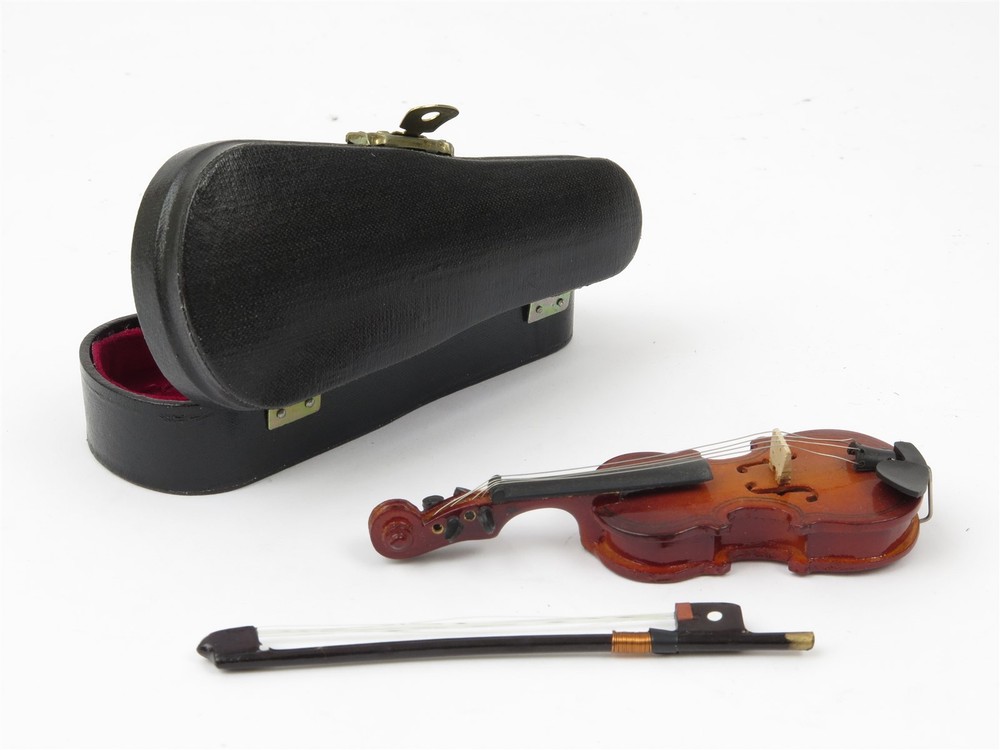 Miniature Carved Wood w/ String Violin & Bow String Instrument in Case 4.5"
