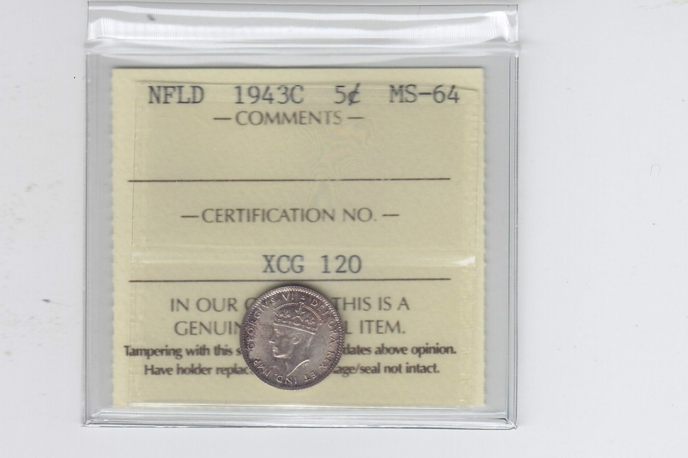 1943C Newfoundland Five Cents ICCS MS-64   SC3