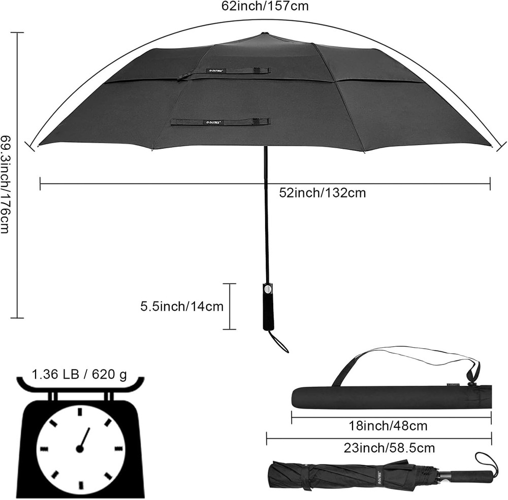62 Inch Portable Golf Umbrella Large Oversize Double Canopy Vented Windproof