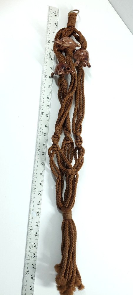 Vintage Boho Brown Macrame Ceramic Turtle Bead Hanging Plant Holder