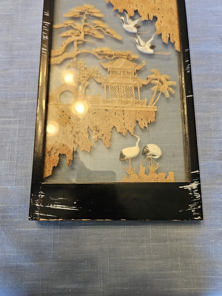 Chinese Framed 3D Cork Art Panel Black Frame With Birds Castles & Floating Isles