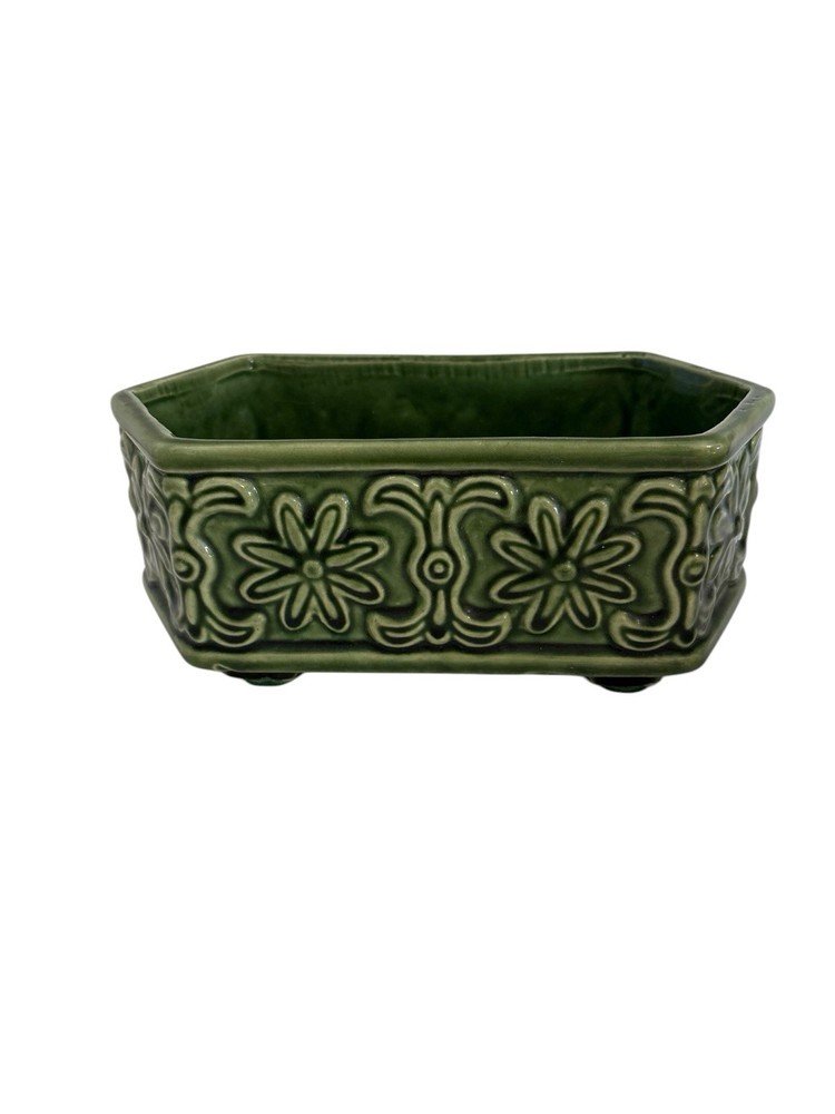 Vintage American Bisque Green Footed Rectangular Planter Floral Scroll 8.75 in