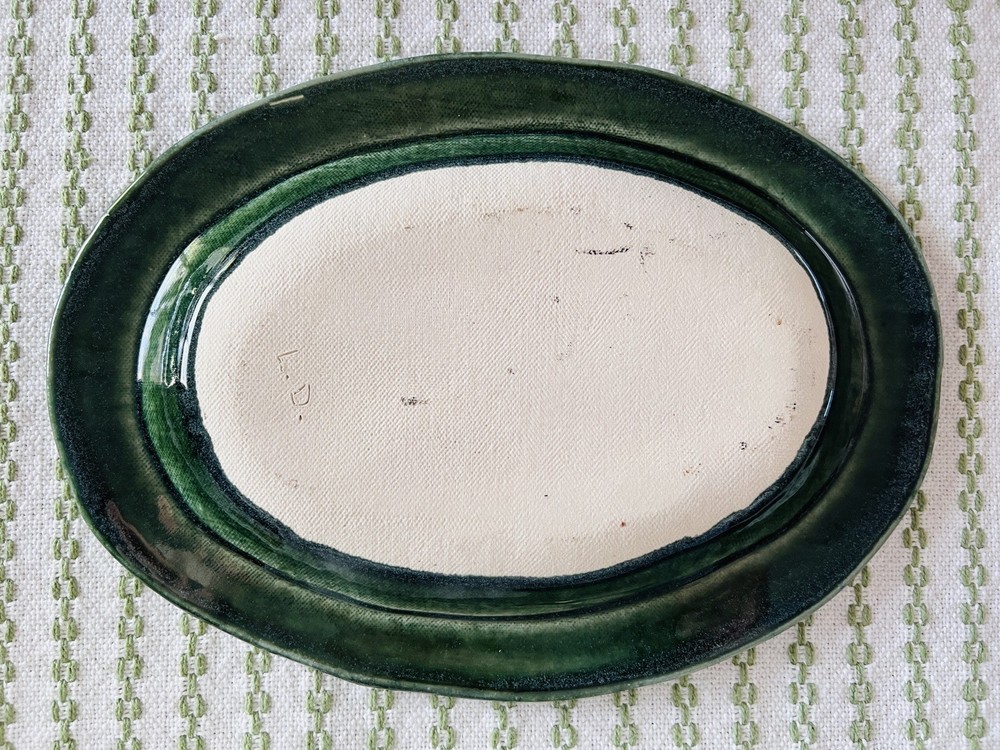 Signed Green & Blue Glazed Ceramic Platter with Reptilian Border Oval EUC