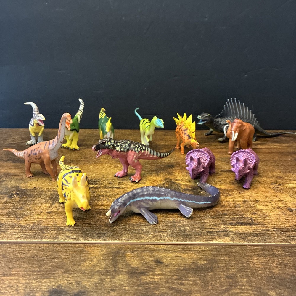 Lot of 13 Plastic Dinosaur Mixed Toy Bundle Multicolor Set