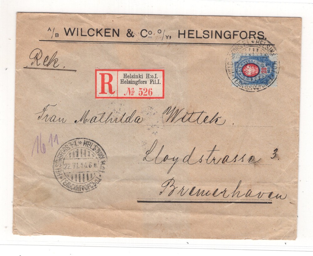 Finland  large  registered  cover  1914  label