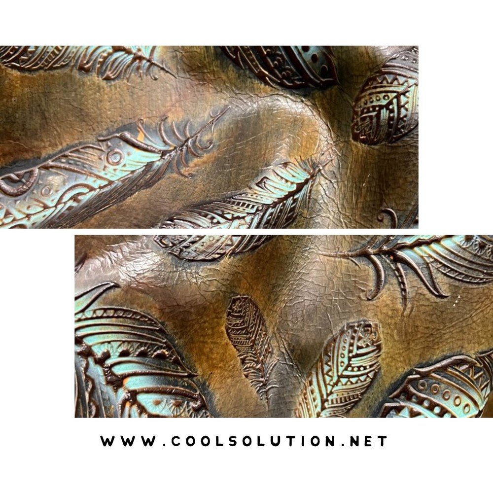 Embossed Leather Plumas Chocolate Mint, Custom Cuts, Leather Sheets by Square