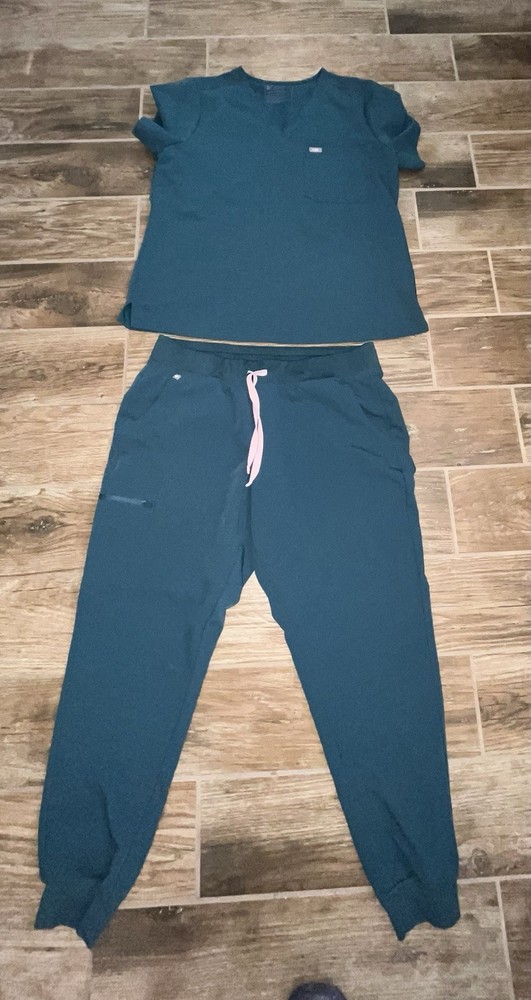 Figs Teal Two-Piece Scrub Set with Pink Drawstring XL