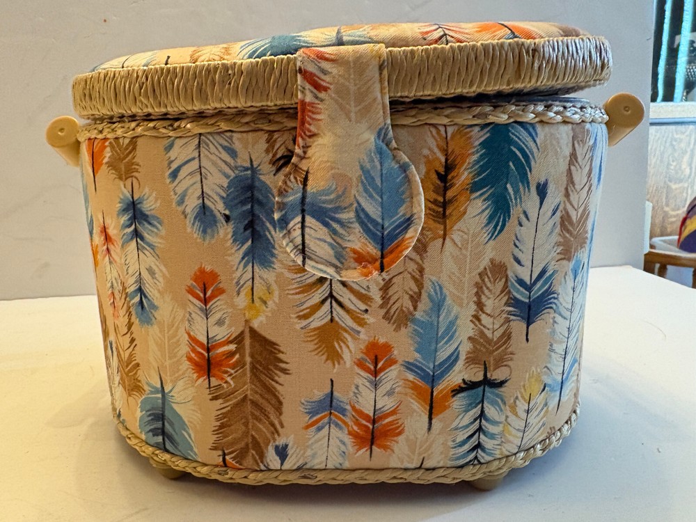 Sewing Basket Caddy Storage, Padded Feather Fabric, Tray Inside