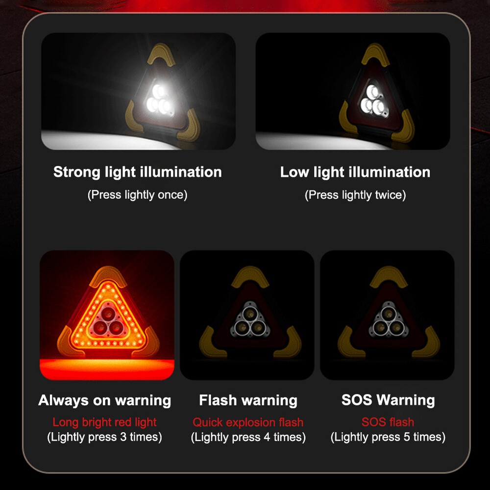 Car Emergency Warning Triangle LED Lights Solar Charging 5 Mode Road Side Light
