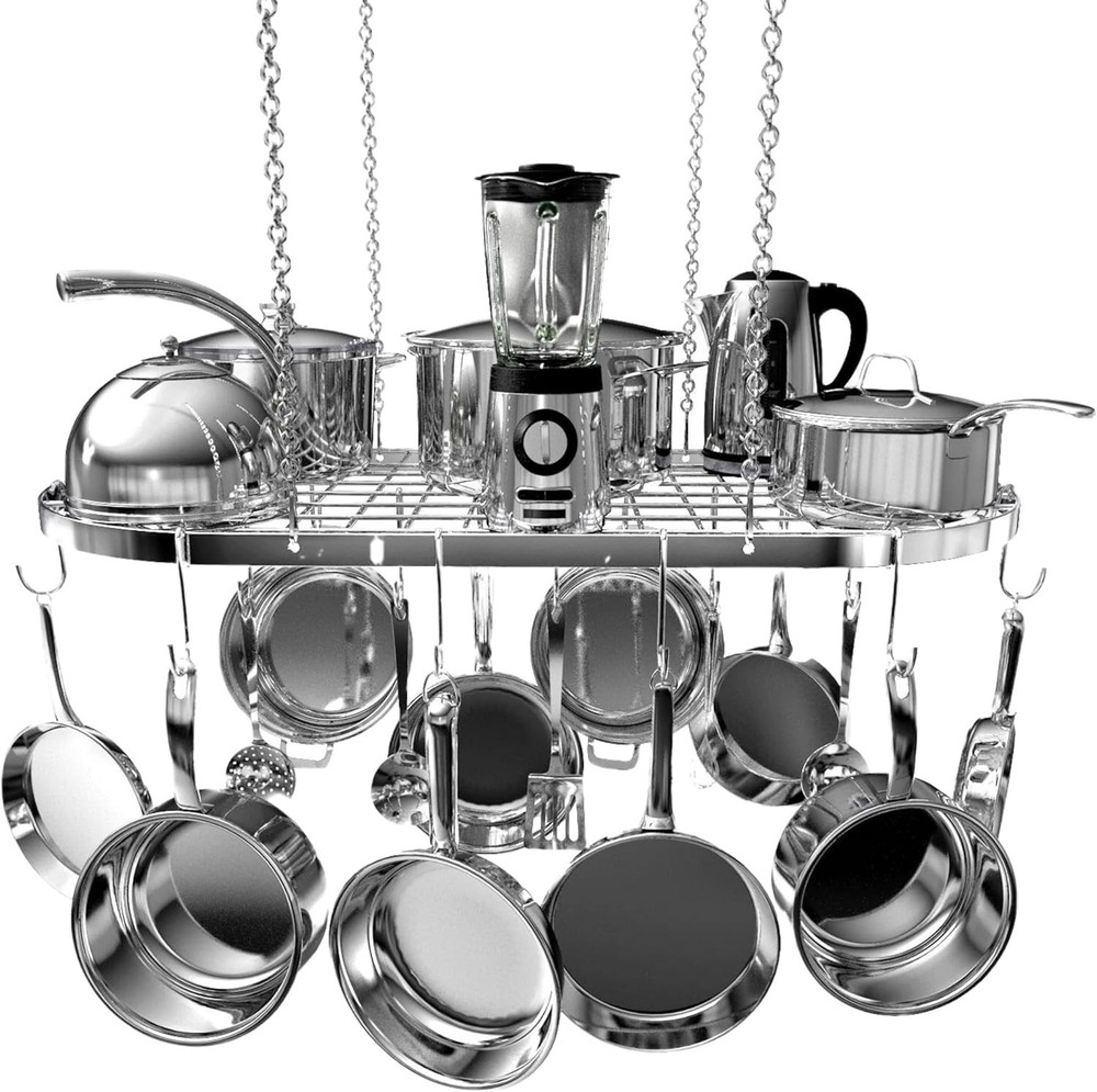 Hanging Pot Rack - Ceiling Mount Kitchen Organizer for Pots and Pans with 15 Hoo