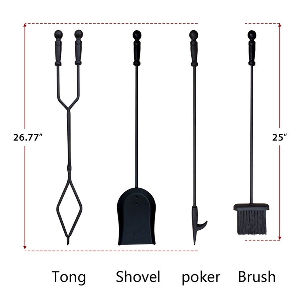 5 Pcs Iron Fireplace Tools Set in Handle Wrought Iron; Black