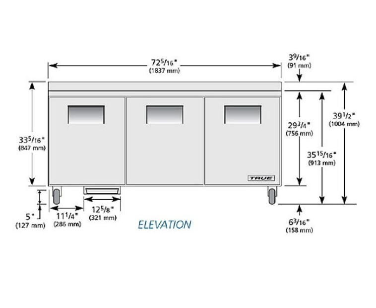 True TWT-72-HC 72" Solid Three Door Worktop Refrigerator, 19 cu ft