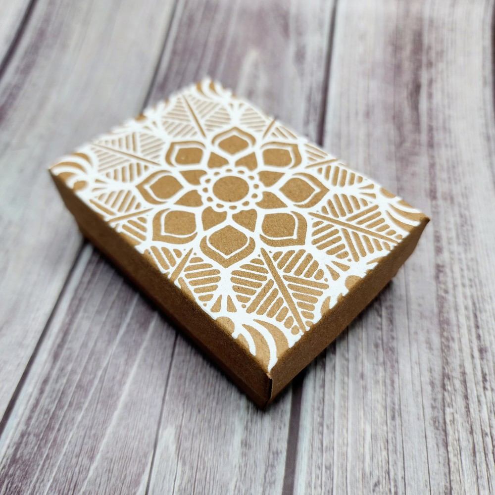 Paper Gift Boxes-Flower Mandala Pattern-Kraft, White Ink-Screen Printed by Hand