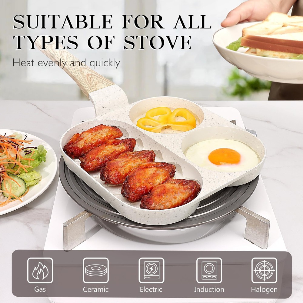 GiPP Ceramic Non Stick Egg Pan, 3-In-1 Divided Breakfast 3-Section White