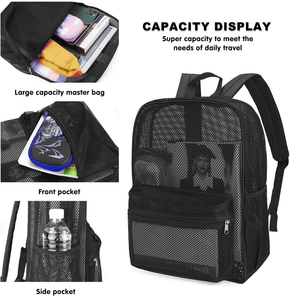 MCWTH Heavy Duty Mesh Backpack, See Through College Student Black