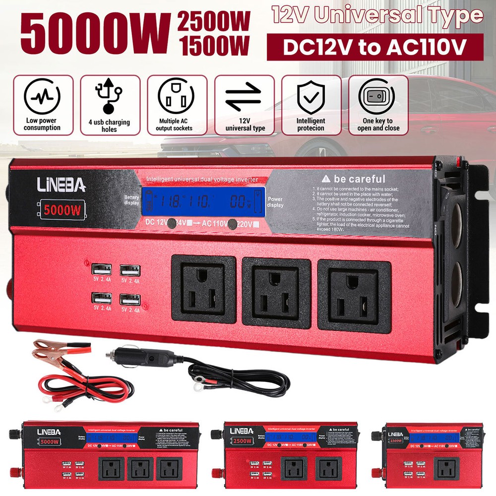 Convertidor De Carro 5000W DC 12V A 110V AC Para Auto Inversor Corriente Con USB