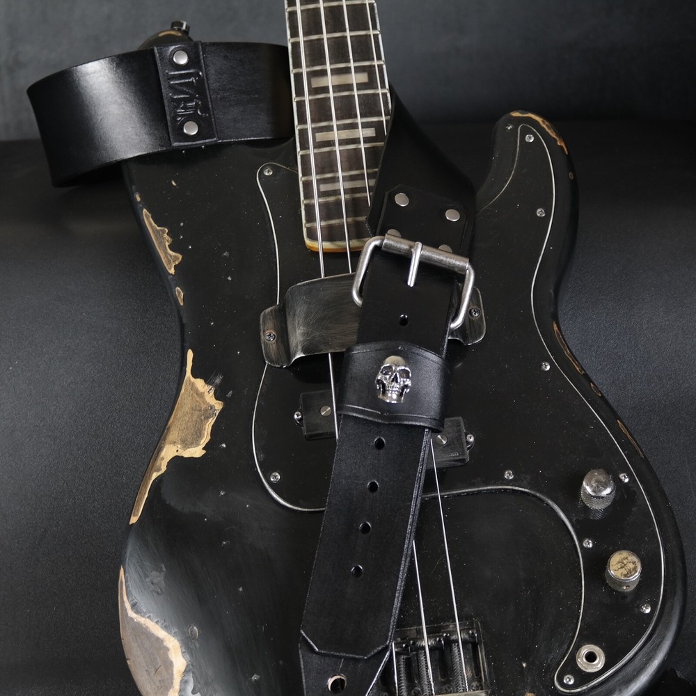 Custom Leather Guitar Strap.SKULL. Adjustable Buckle.2.5” wide BLACK