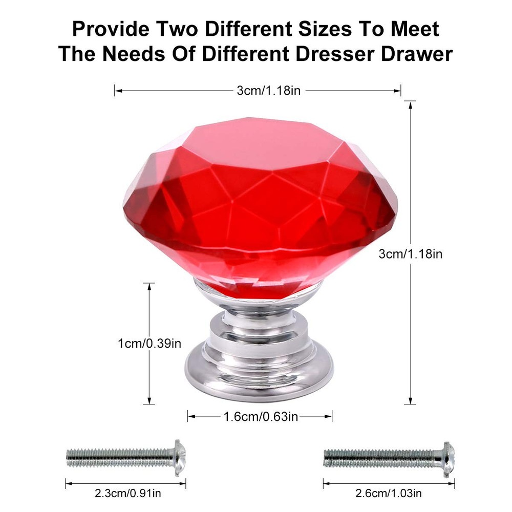 Akstore 10 Pcs Crystal Glass Cabinet Knobs 30mm Diamond Shape Drawer Red