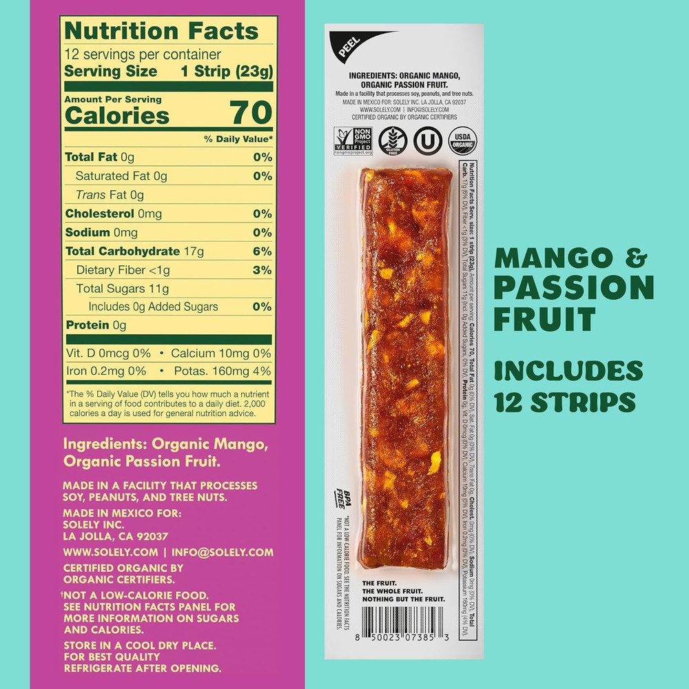 SOLELY - Organic Mango Passion Fruit Jerky - 12 Individually Wrapped Strips