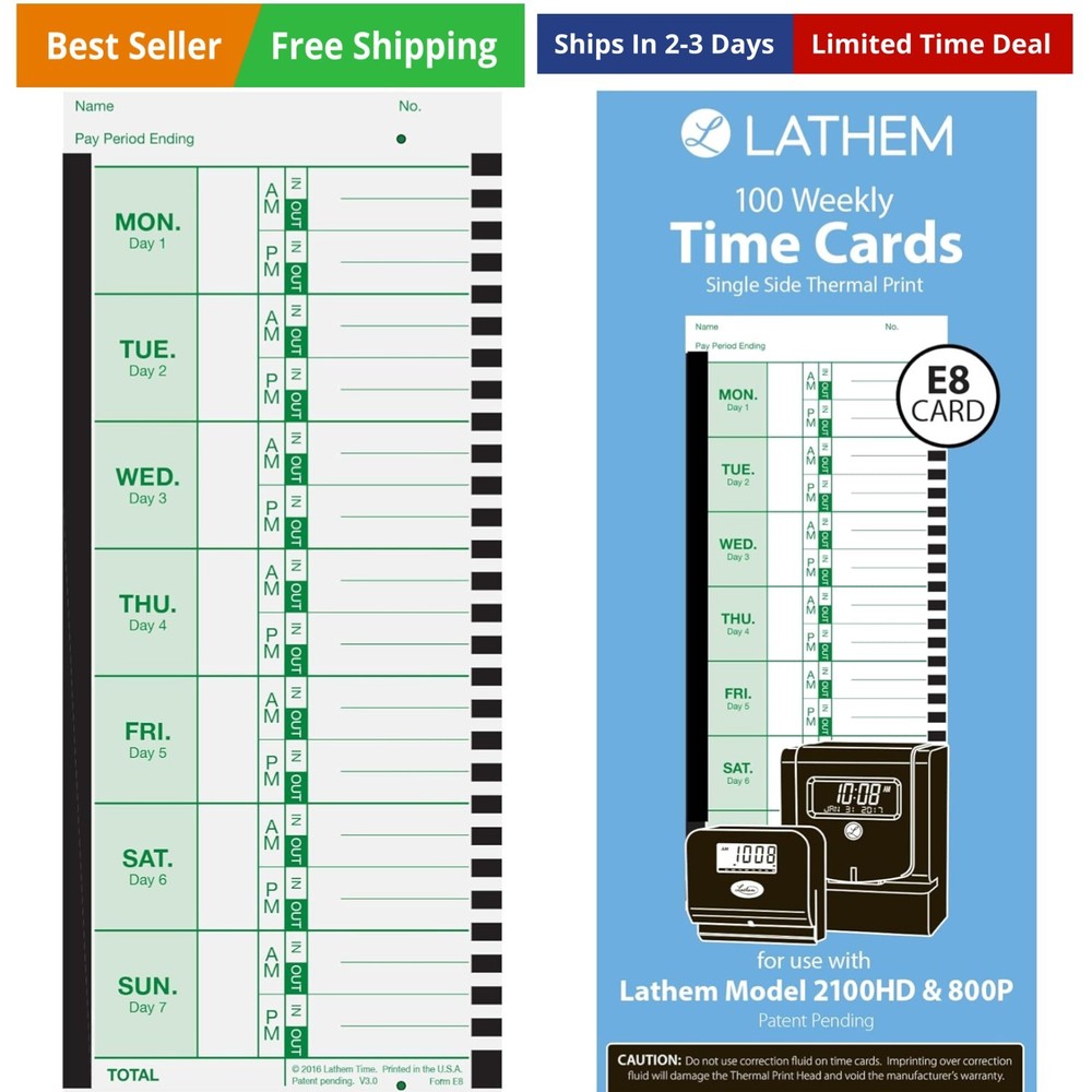 Weekly Employee Time Card Pack, 100 Count E8 Thermal Print Timesheets, Single...