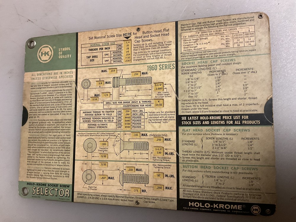 Vintage Holo-Krome Socket Screw Selector Used