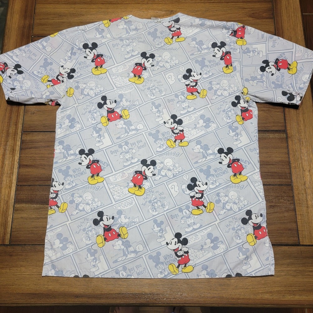Disney V-Neck Grey Comic Strip Mickey Scrub Top - Size Small