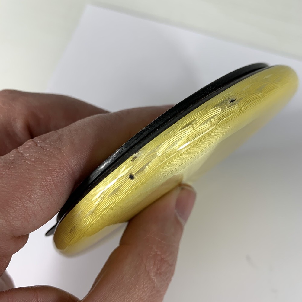 Fine Quality German Solid “935” Silver Yellow Guilloche Enamel Compact 10.5cm