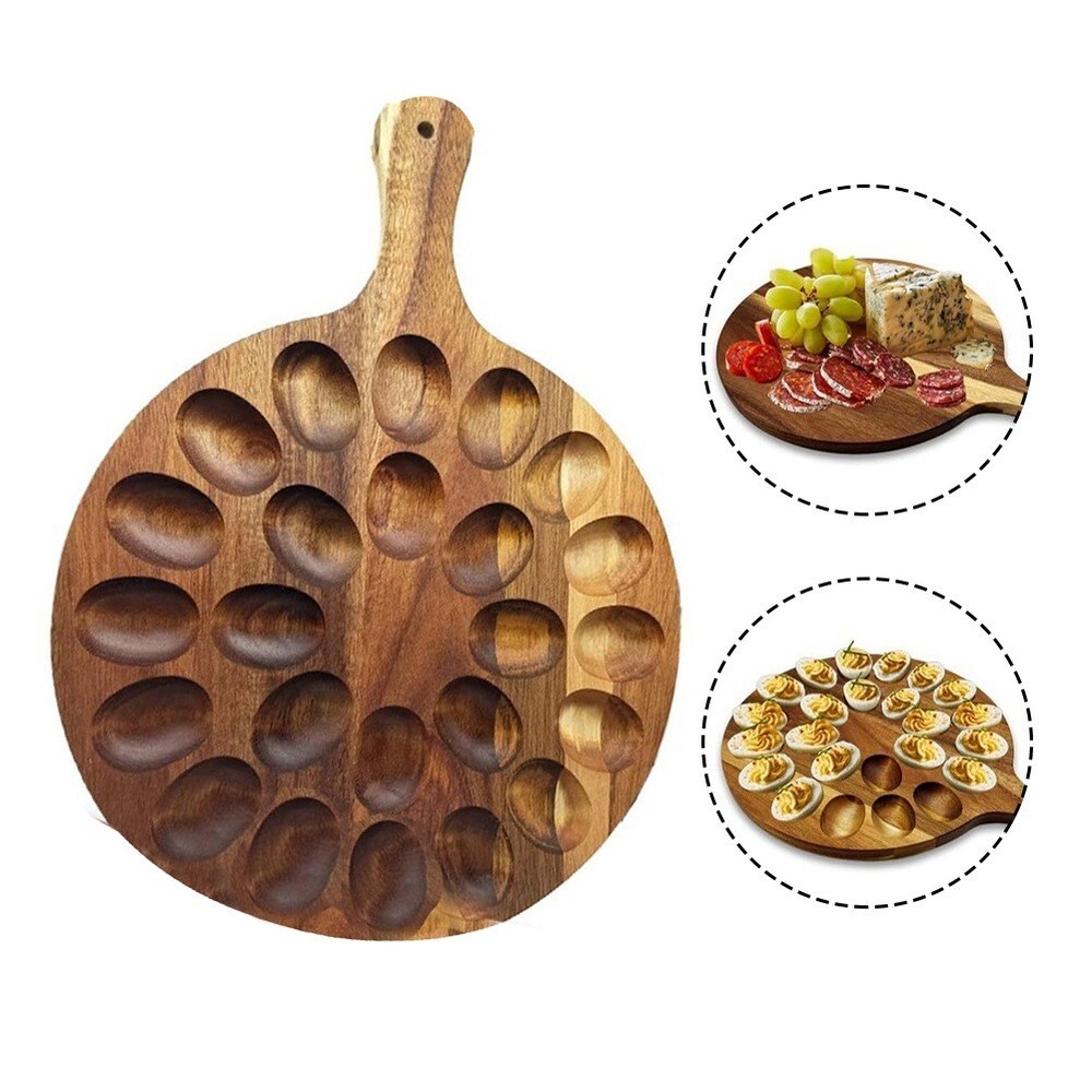 Egg Platter Storage Tray Round Wooden Plate with Handle 24 Deviled Egg Holder