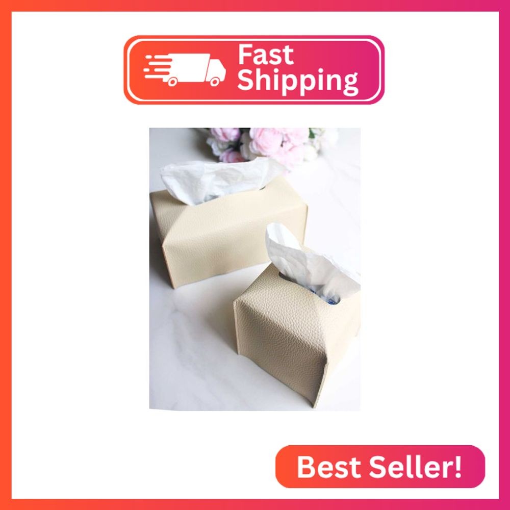 Tissue Box Cover Leather Rectangular – with Bottom Belt [JESMINI, Beige] Modern