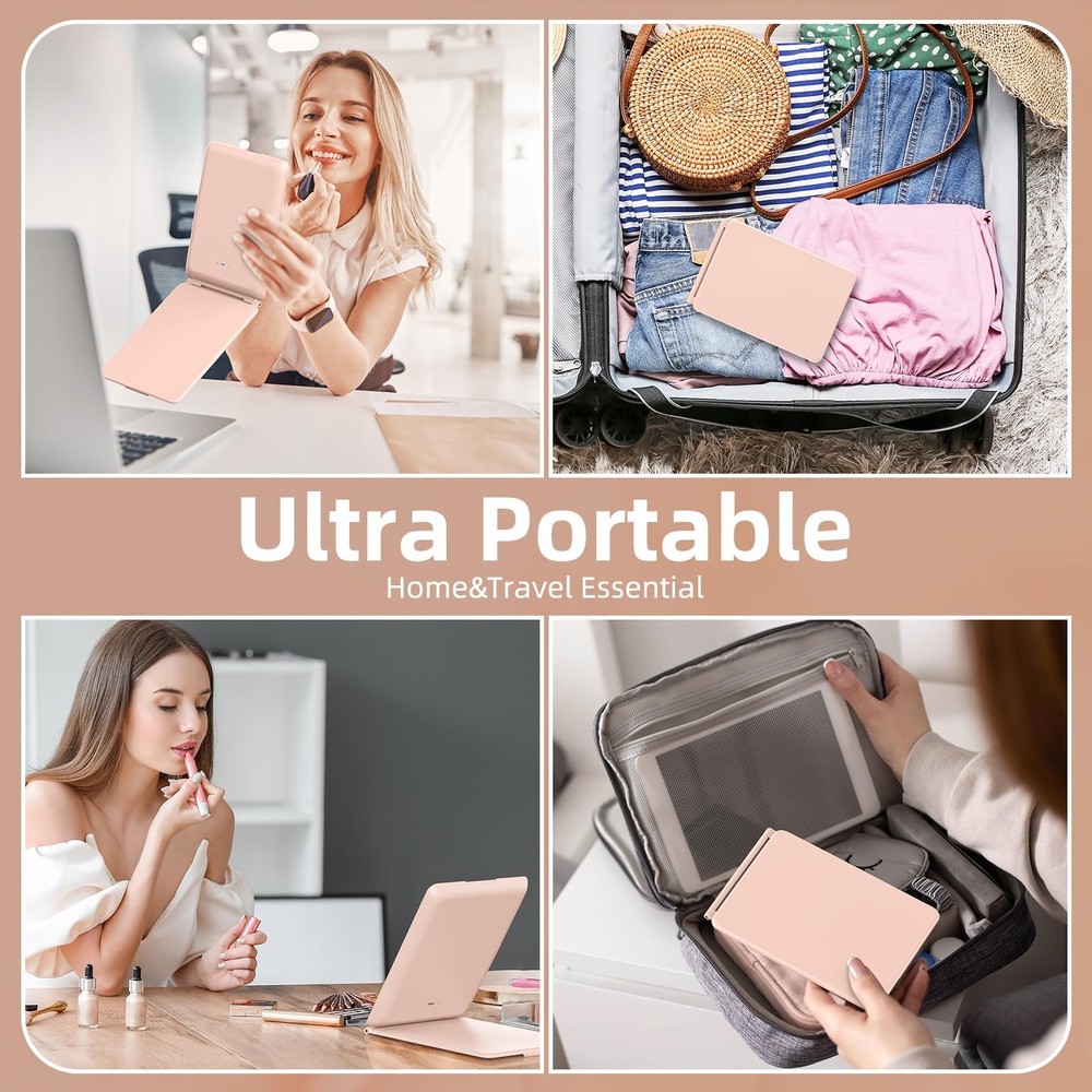 Foldable 1X/3X Magnifying Makeup Vanity Mirror Lights Dimmable Touch Pink