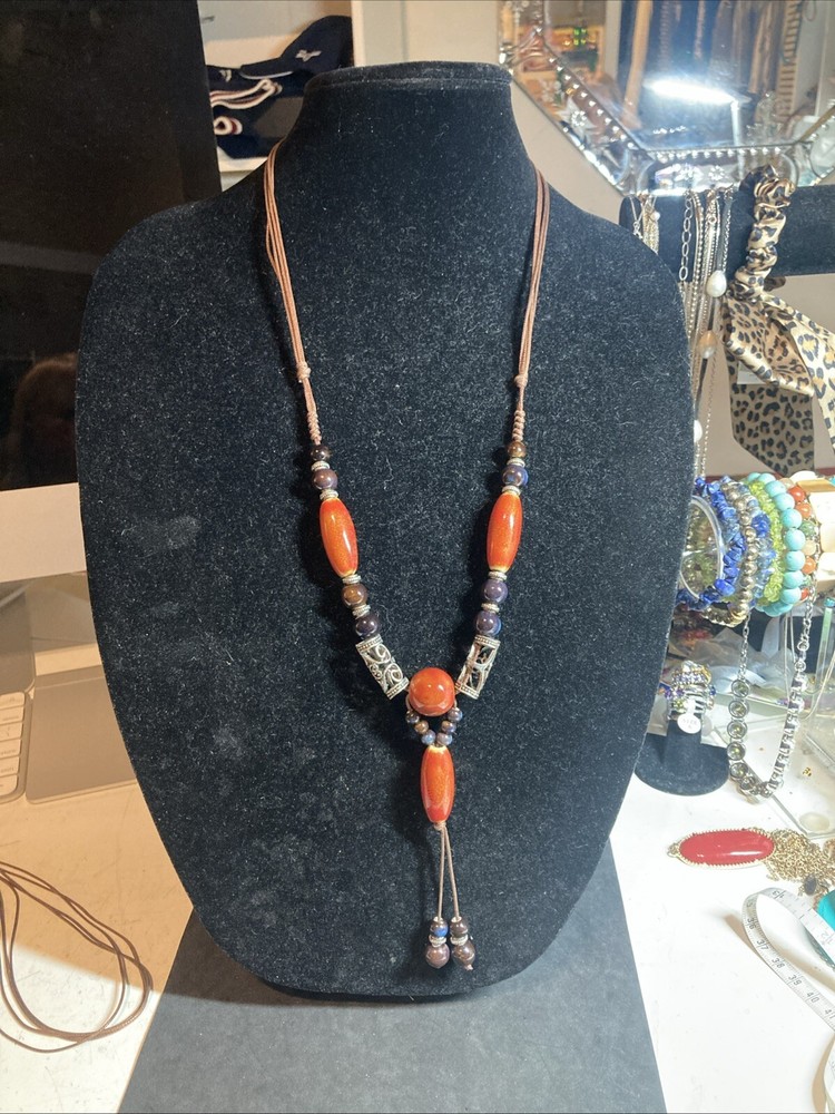 Red Ceramic Beaded Necklace Artisan 28” B146