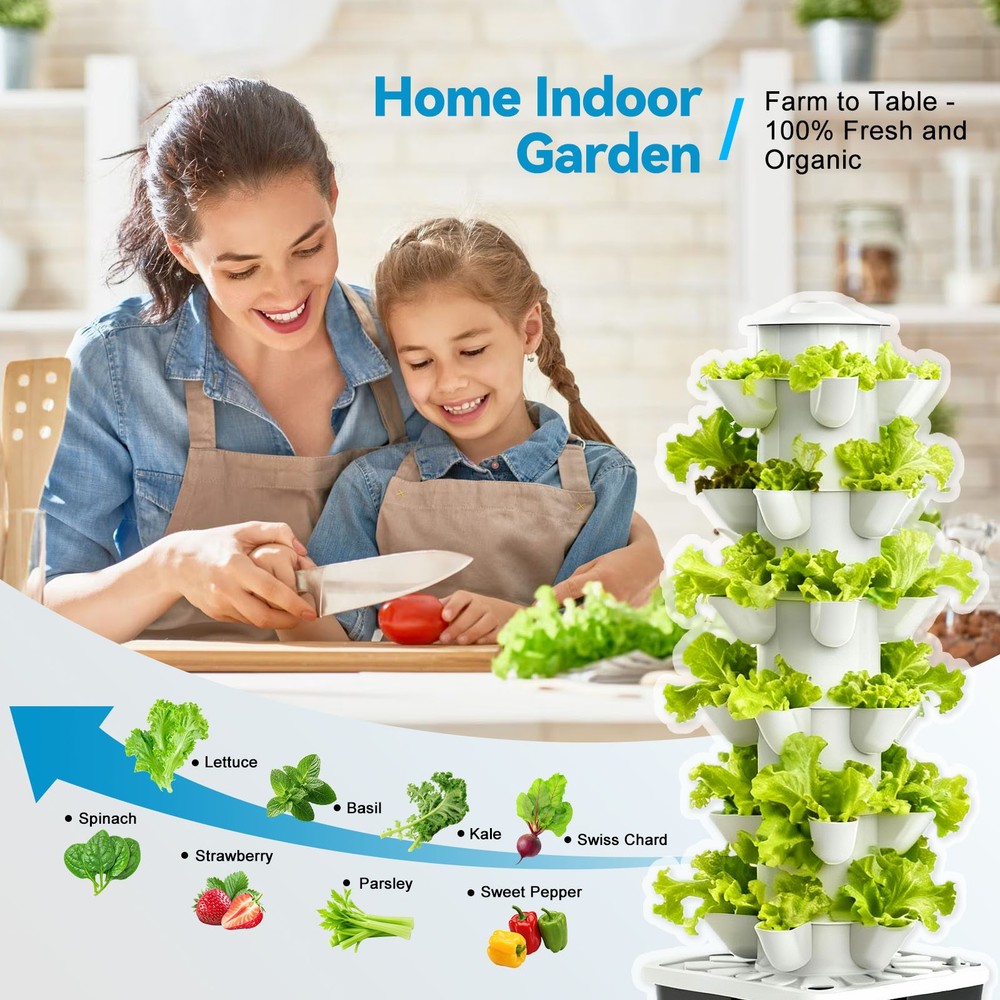 Vertical Hydroponic Tower System 6-Tier 30-Pod Grow Light Timer Indoor Growing