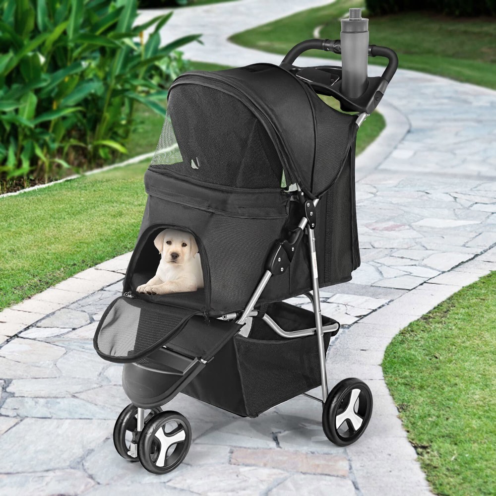 Pet Stroller 3 Wheels Multifunction Dog Cat Stroller w/Storage Basket&Cup Holder