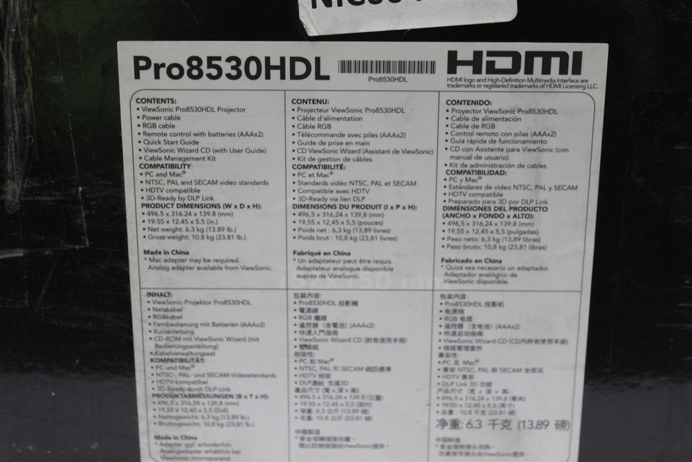 ViewSonic PRO8530HDL projector 182 Lamp Hours