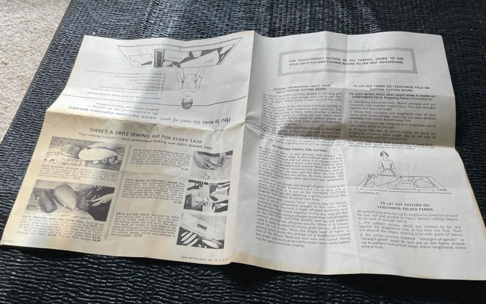 Instructions ONLY Dritz Pattern Cutting Board 1960s Vintage Advertising Dritz