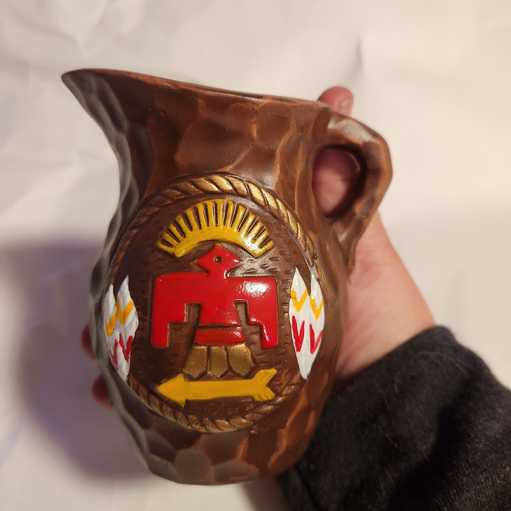 Ceramic Brown Painted Creamer Indiginous Thunderbird Crest JAPAN
